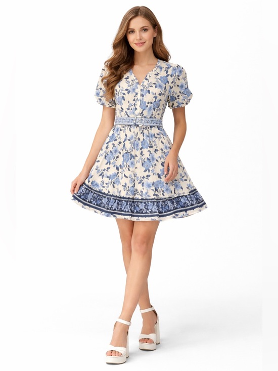 Joie Dresses & Skirts - Joie Blue White Floral Puff Sleeve Belted Mini Dress Cotton Chinoiserie Size 8